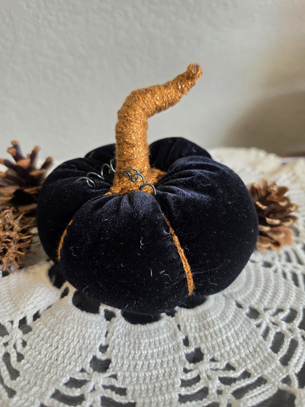 Velvet Black Pumpkin with Orange Stem - Holiday Home Accent